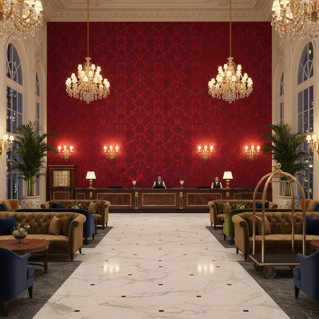 BR-81035.10.0 | Kravet - Hotel Lobby Visualization (AI-generated, may not be to scale. Verify pattern scale with product specifications.)