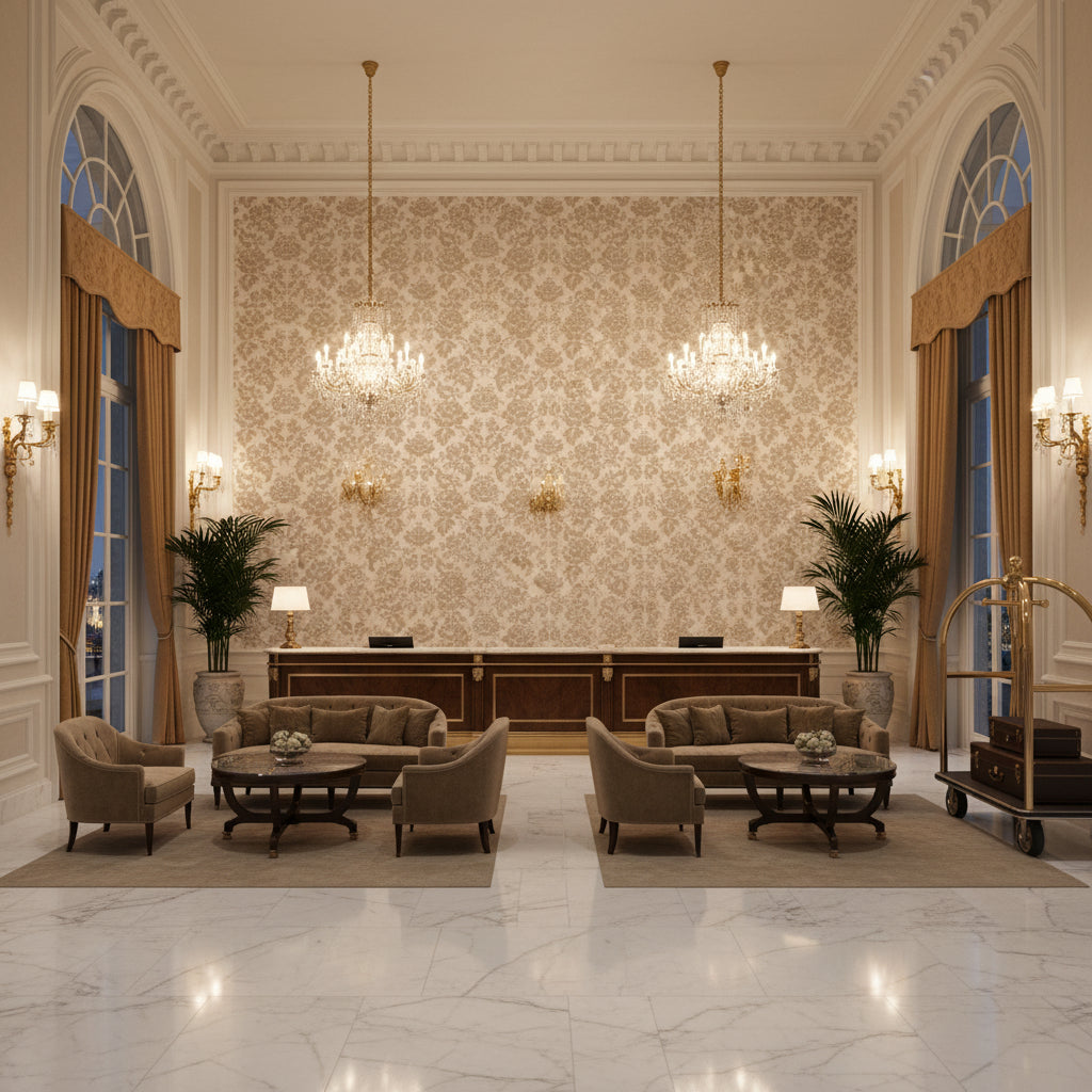 BR-81035.11.0 | Kravet - Hotel Lobby Visualization (AI-generated, may not be to scale. Verify pattern scale with product specifications.)