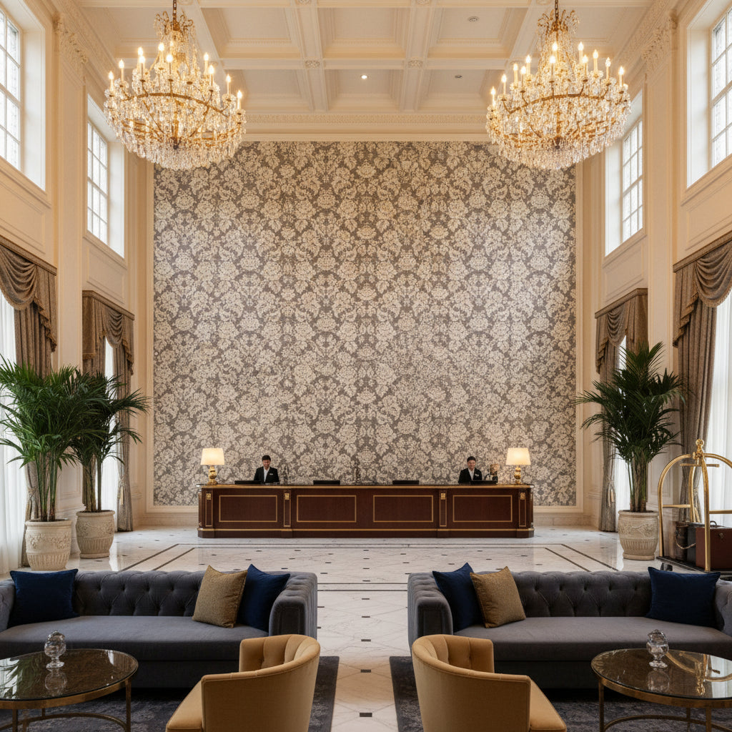 BR-81035.21.0 | Kravet - Hotel Lobby Visualization (AI-generated, may not be to scale. Verify pattern scale with product specifications.)