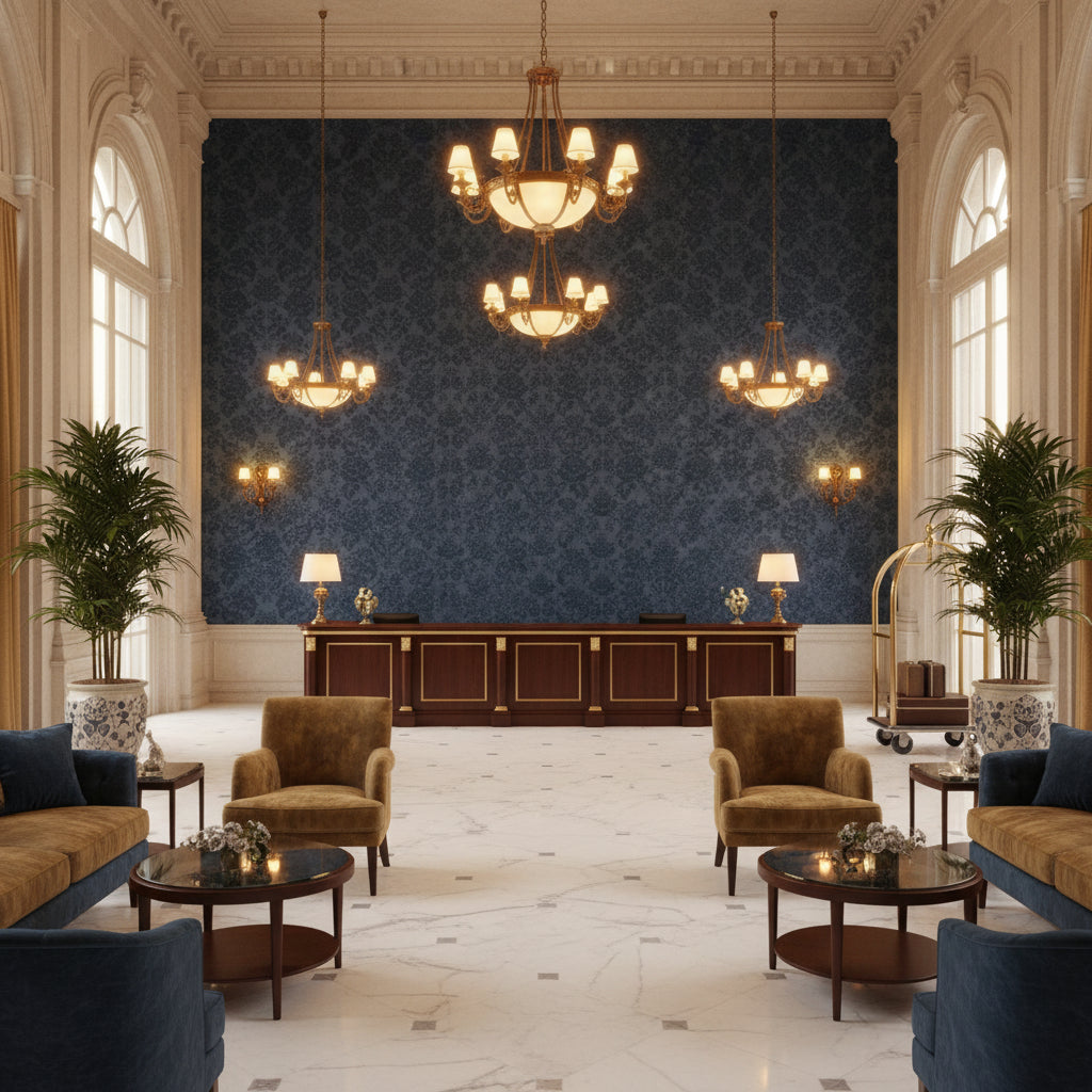 BR-81035.50.0 | Kravet - Hotel Lobby Visualization (AI-generated, may not be to scale. Verify pattern scale with product specifications.)