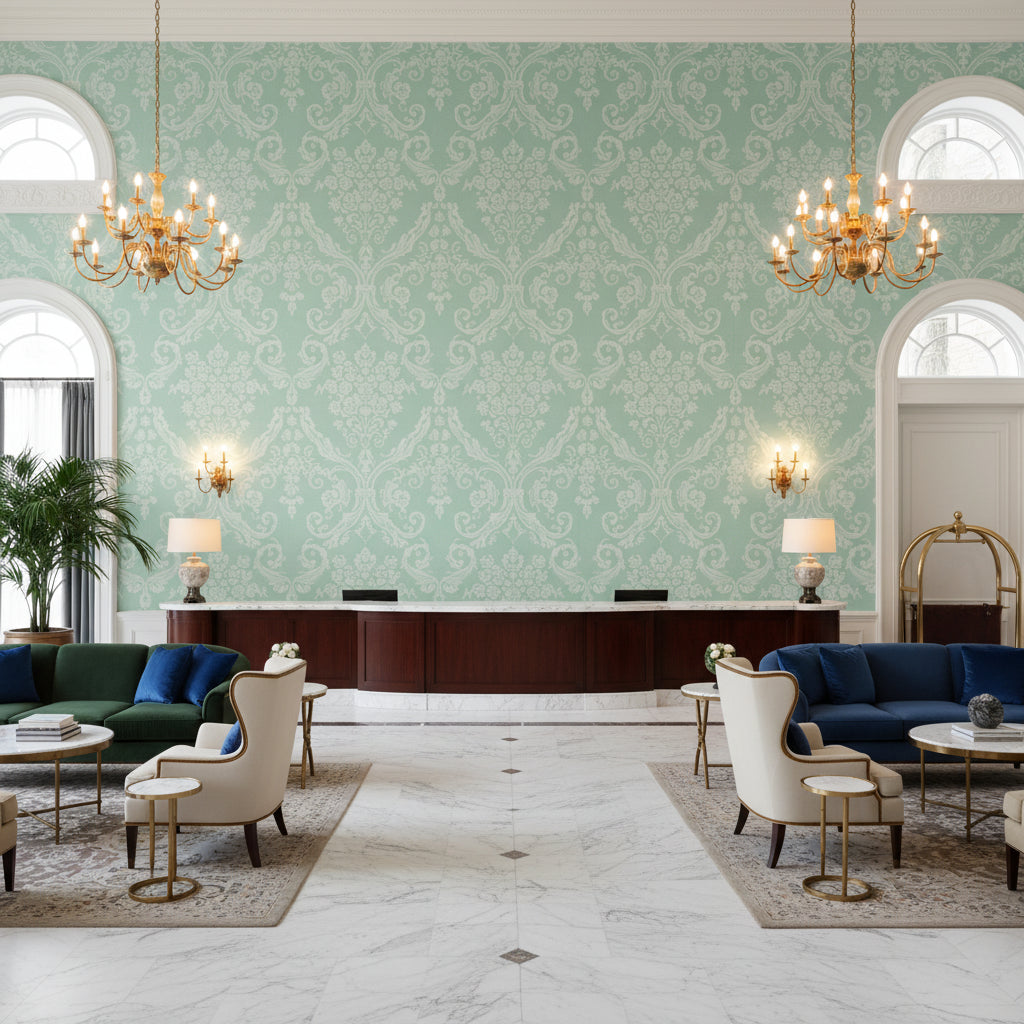 BR-81079.CC.0 | Kravet - Hotel Lobby Visualization (AI-generated, may not be to scale. Verify pattern scale with product specifications.)