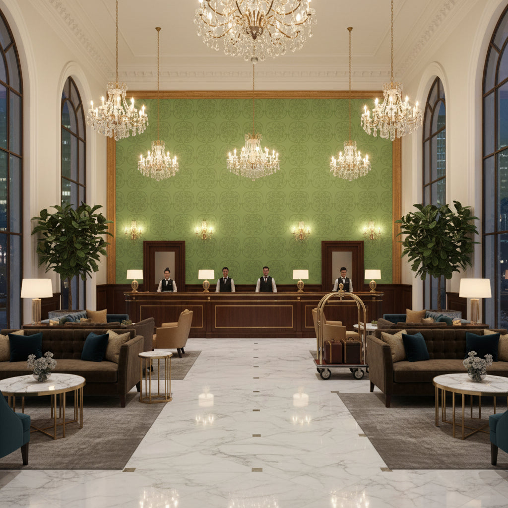 BR-81079.LLS.0 | Kravet - Hotel Lobby Visualization (AI-generated, may not be to scale. Verify pattern scale with product specifications.)