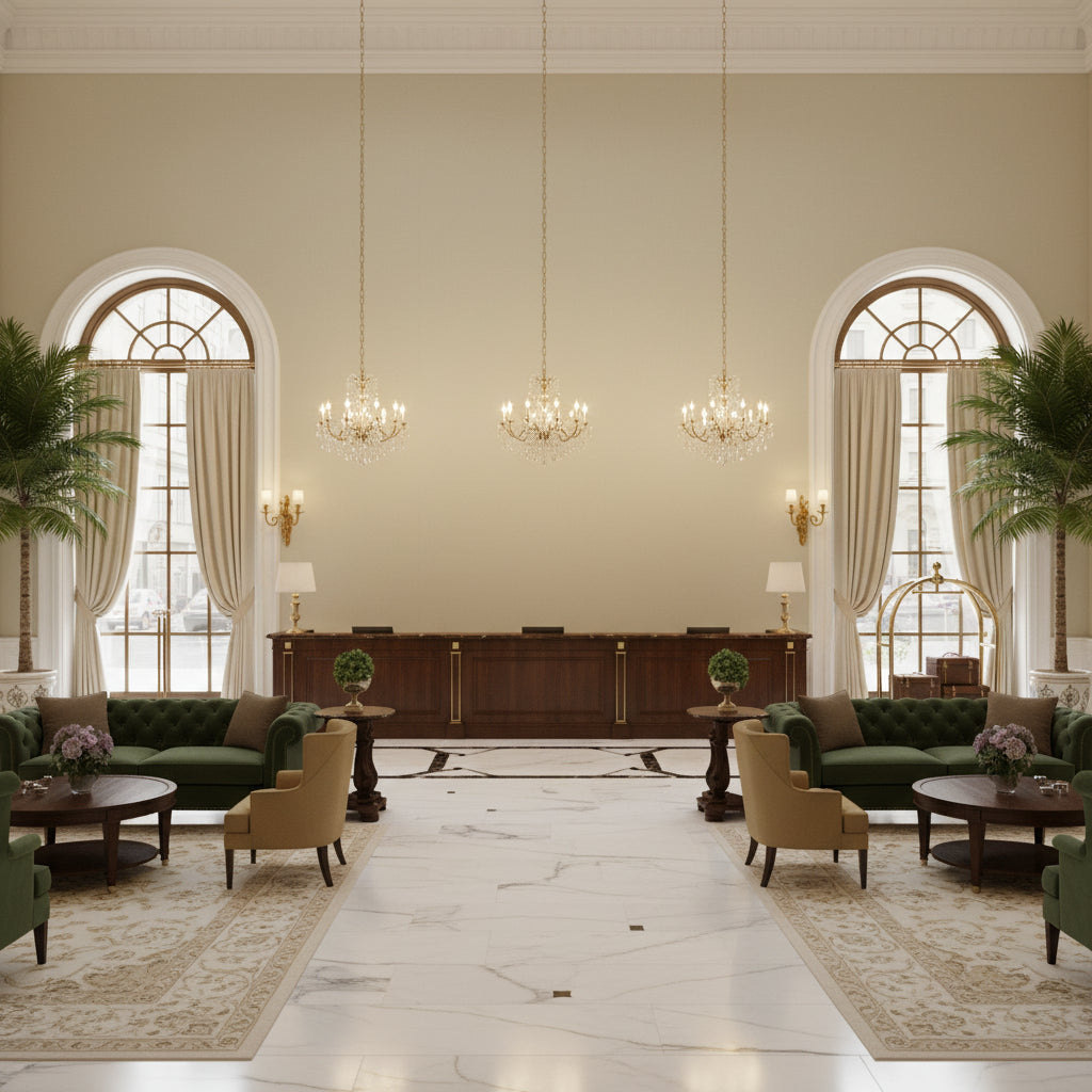 BR-81079.ZZ.0 | Kravet - Hotel Lobby Visualization (AI-generated, may not be to scale. Verify pattern scale with product specifications.)