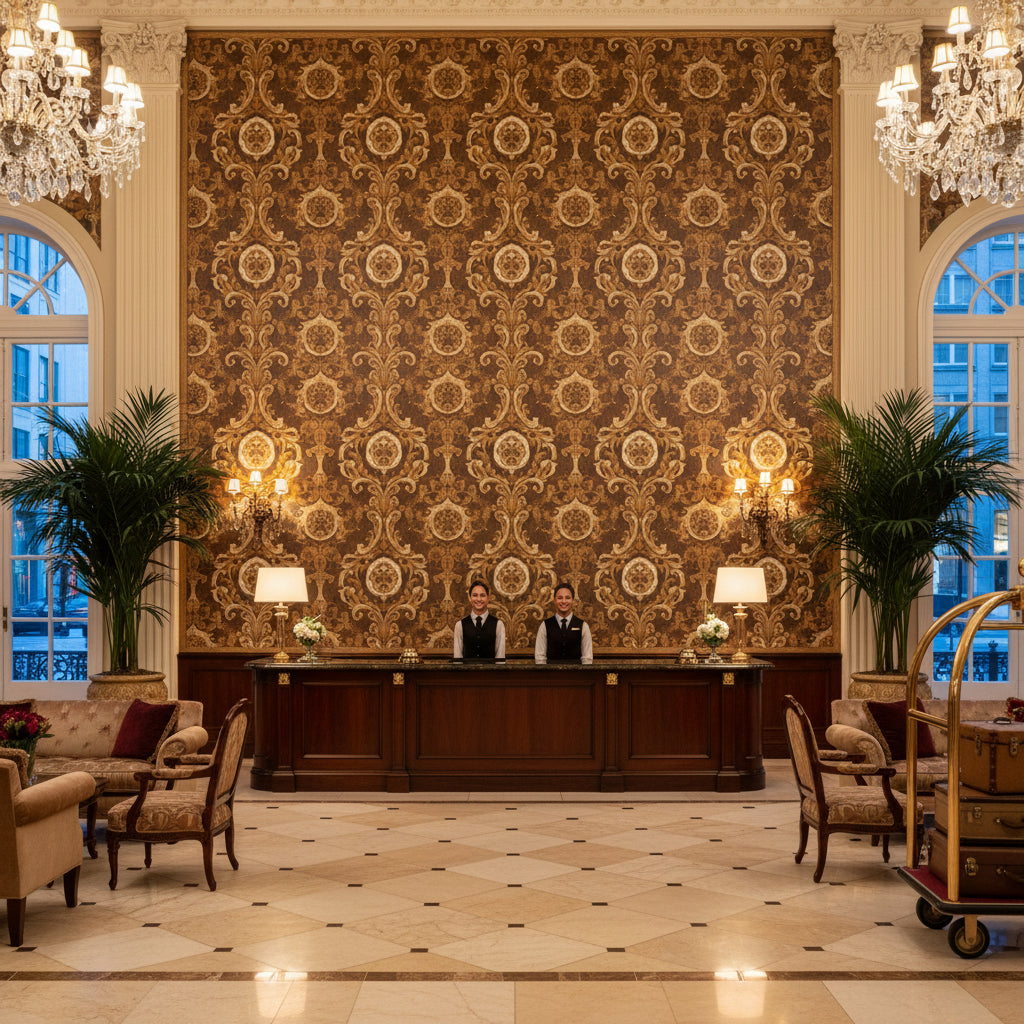 BR-81081.6.0 | Kravet - Hotel Lobby Visualization (AI-generated, may not be to scale. Verify pattern scale with product specifications.)