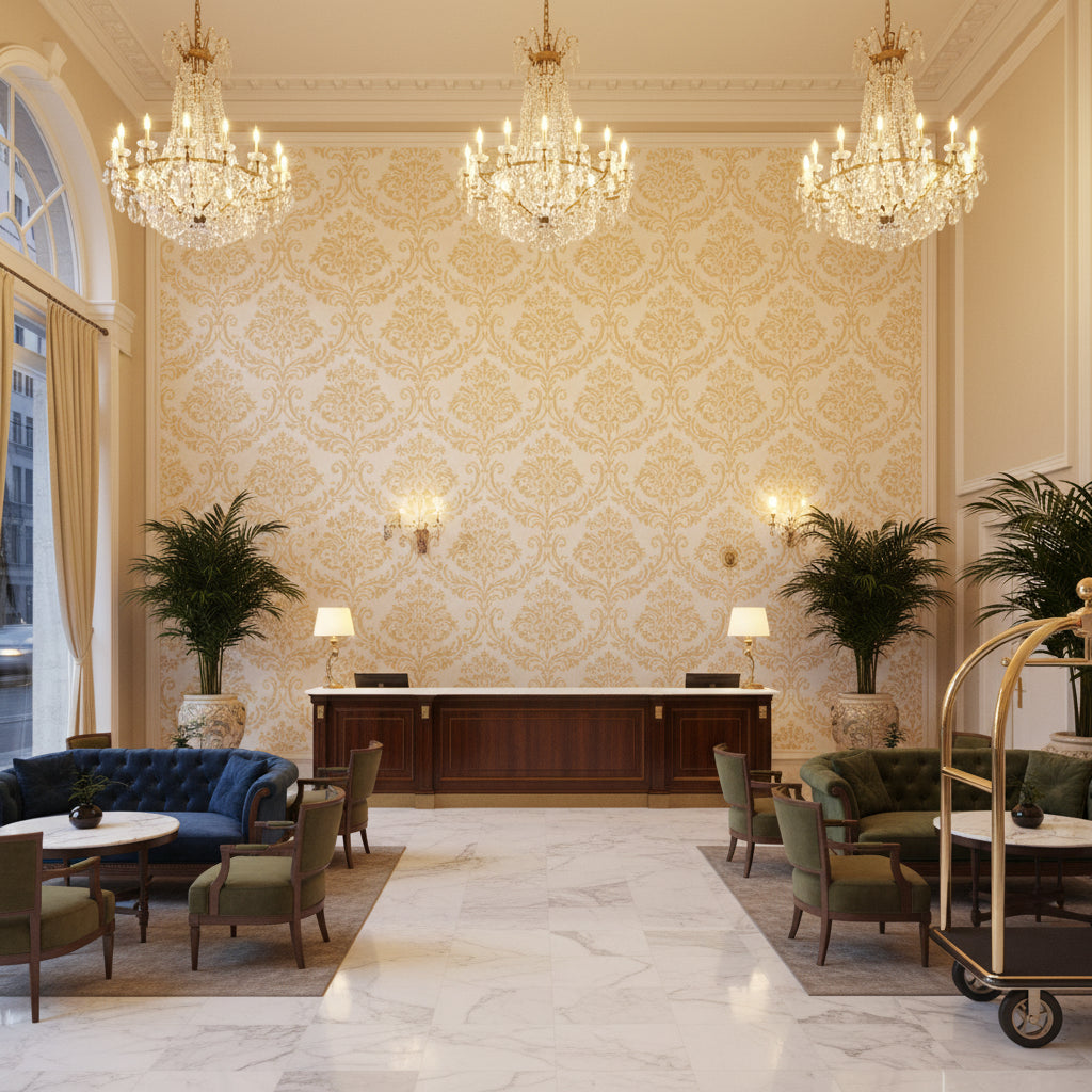 BR-81081.A.0 | Kravet - Hotel Lobby Visualization (AI-generated, may not be to scale. Verify pattern scale with product specifications.)