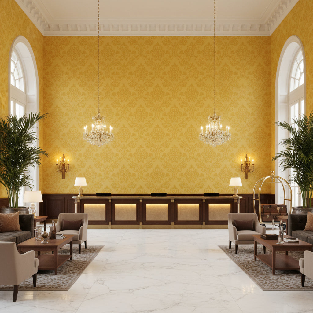 BR-81081.K.0 | Kravet - Hotel Lobby Visualization (AI-generated, may not be to scale. Verify pattern scale with product specifications.)