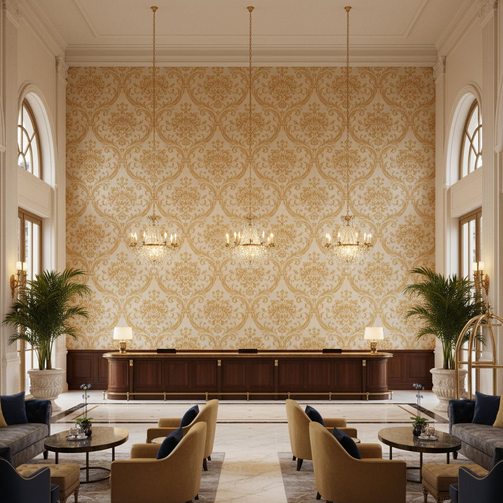 BR-81081.MMA.0 | Kravet - Hotel Lobby Visualization (AI-generated, may not be to scale. Verify pattern scale with product specifications.)