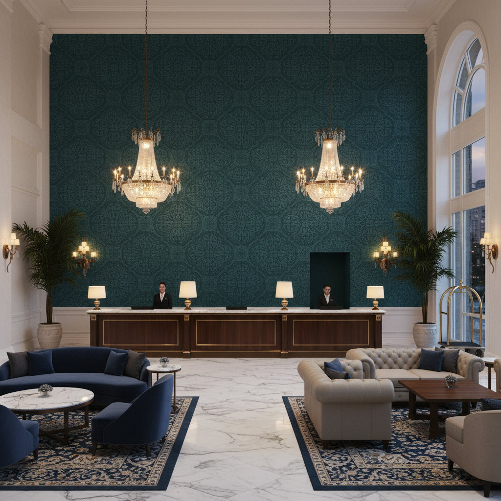 BR-81081.PPO.0 | Kravet - Hotel Lobby Visualization (AI-generated, may not be to scale. Verify pattern scale with product specifications.)