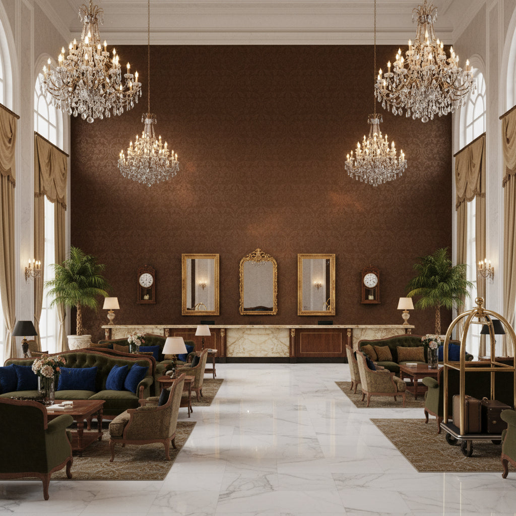 BR-81081.T.0 | Kravet - Hotel Lobby Visualization (AI-generated, may not be to scale. Verify pattern scale with product specifications.)