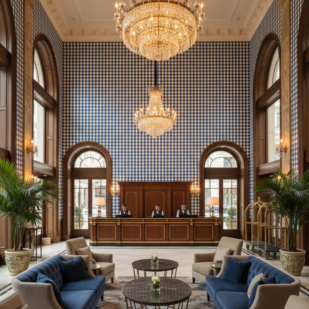 BR-89149.5.0 | Kravet - Hotel Lobby Visualization (AI-generated, may not be to scale. Verify pattern scale with product specifications.)