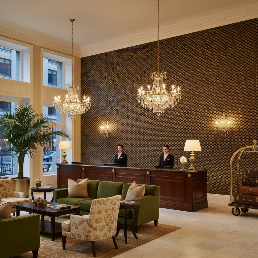 BR-89474.886.0 | Kravet - Hotel Lobby Visualization (AI-generated, may not be to scale. Verify pattern scale with product specifications.)