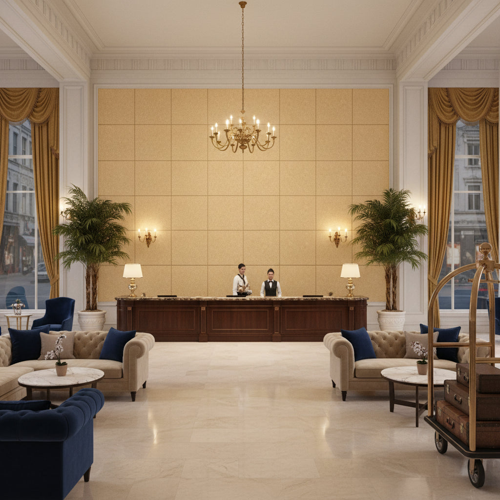BR-89778.018.0 | Kravet - Hotel Lobby Visualization (AI-generated, may not be to scale. Verify pattern scale with product specifications.)