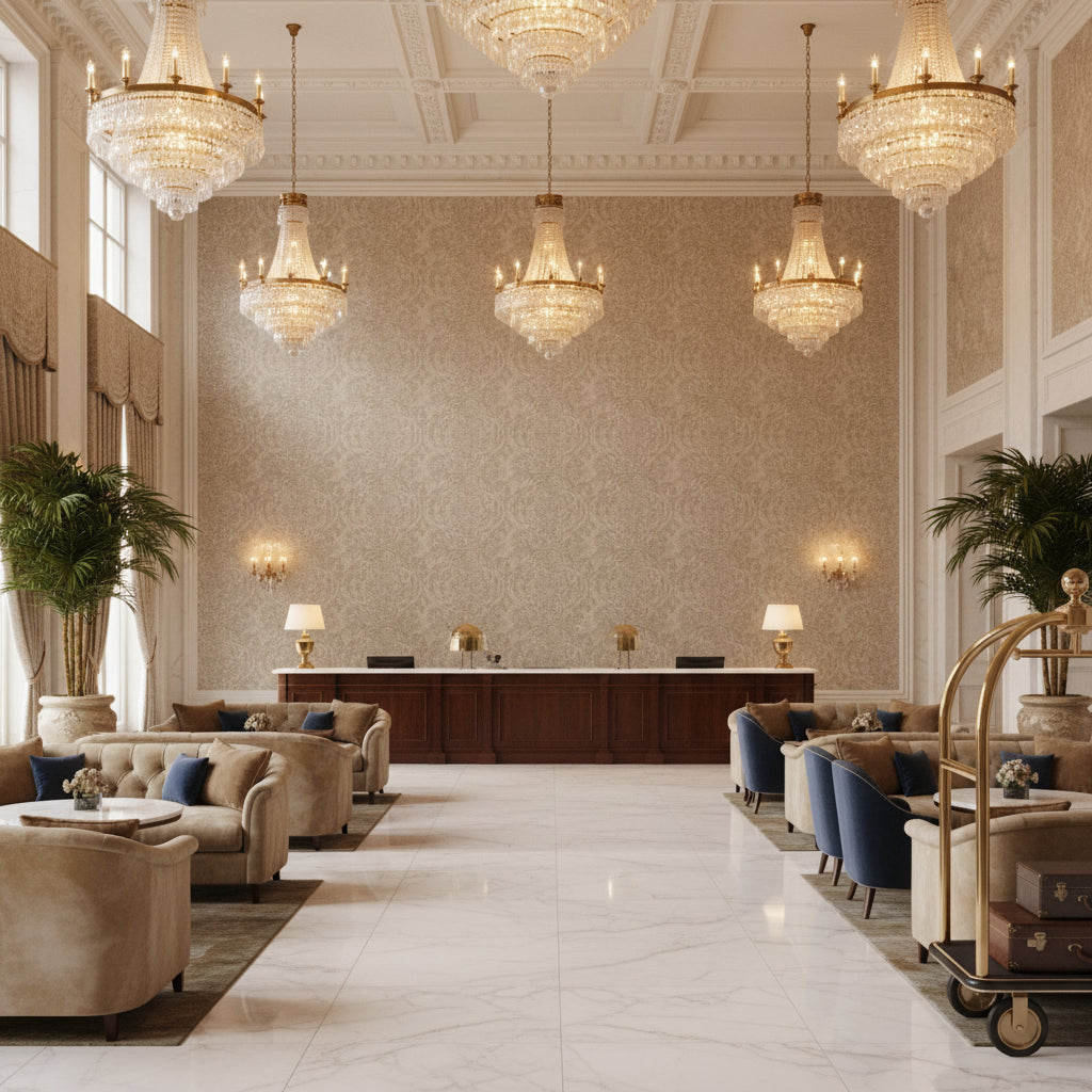 BR-89778.925.0 | Kravet - Hotel Lobby Visualization (AI-generated, may not be to scale. Verify pattern scale with product specifications.)
