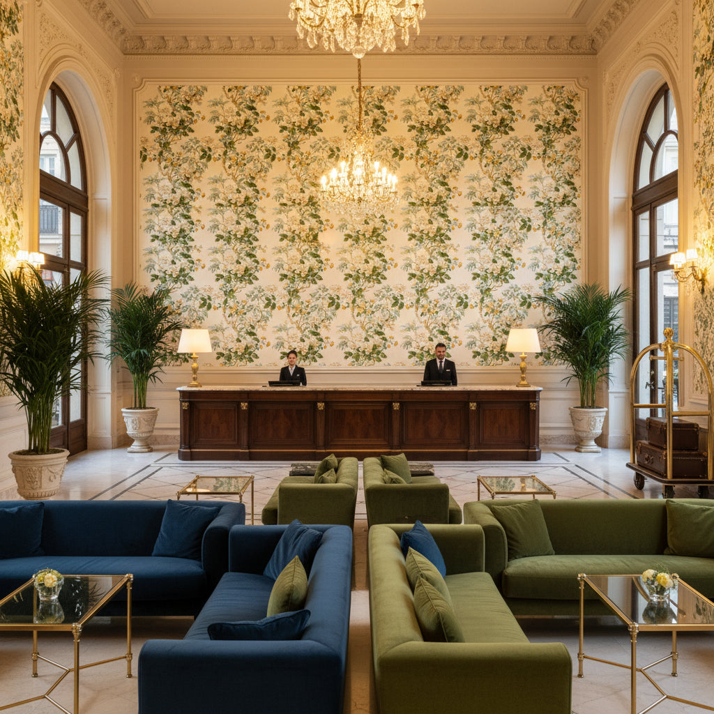 CHINESE LANTERN.YELLOW.0 | Kravet - Hotel Lobby Visualization (AI-generated, may not be to scale. Verify pattern scale with product specifications.)