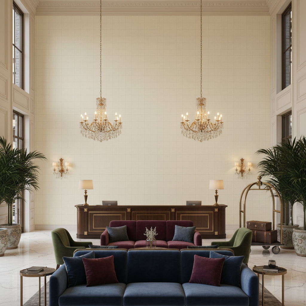 GHENT Wallcoverings (CW10015) – pale beige | Thibaut - Hotel Lobby Visualization (AI-generated, may not be to scale. Verify pattern scale with product specifications.)