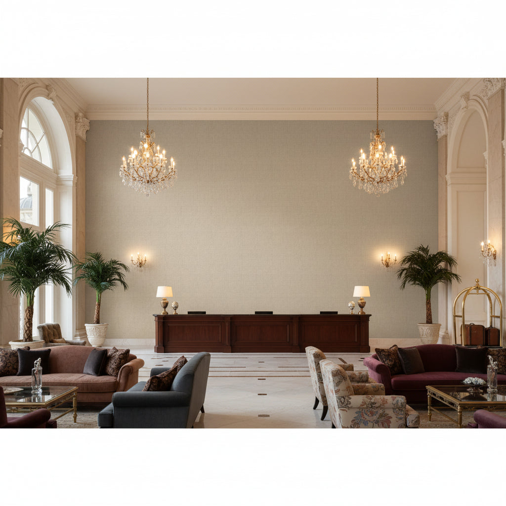 GHENT Wallcoverings (CW10017) – Grey | Thibaut - Hotel Lobby Visualization (AI-generated, may not be to scale. Verify pattern scale with product specifications.)