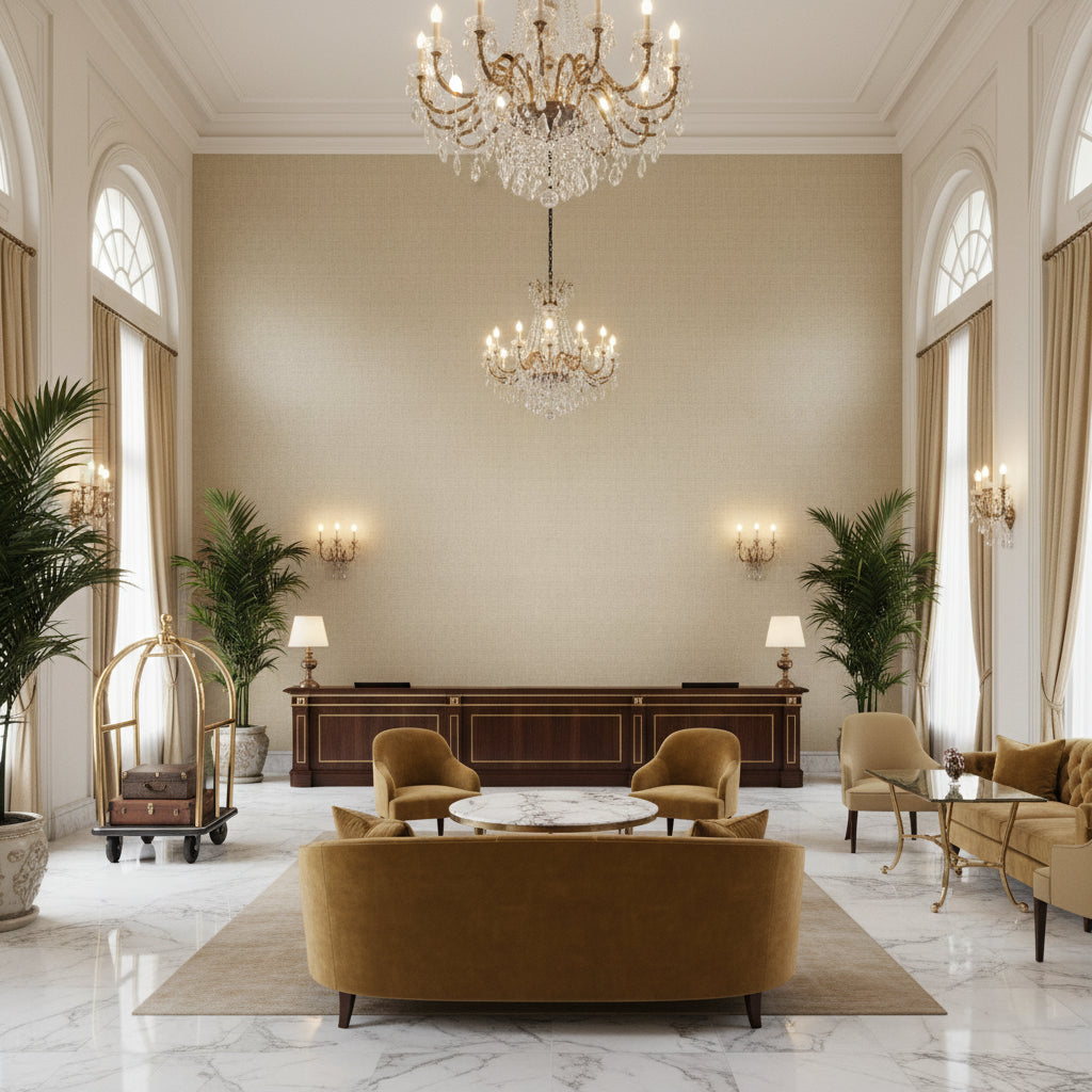 GHENT Wallcoverings (CW10018) – Beige | Thibaut - Hotel Lobby Visualization (AI-generated, may not be to scale. Verify pattern scale with product specifications.)