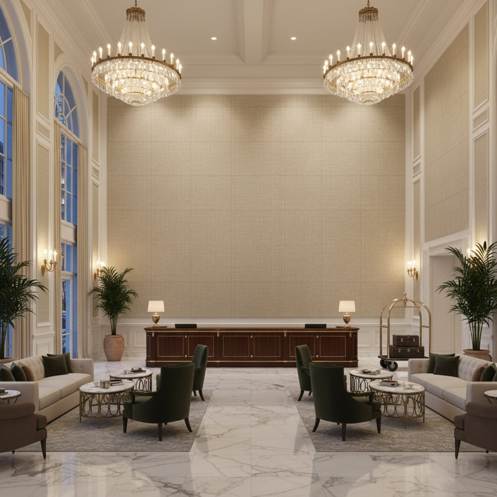 FINE LINEN Wallcoverings (CW10021) – Dark Grey | Thibaut - Hotel Lobby Visualization (AI-generated, may not be to scale. Verify pattern scale with product specifications.)