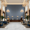 FINE LINEN Wallcoverings (CW10022) – Denim | Thibaut - Hotel Lobby Visualization (AI-generated, may not be to scale. Verify pattern scale with product specifications.)