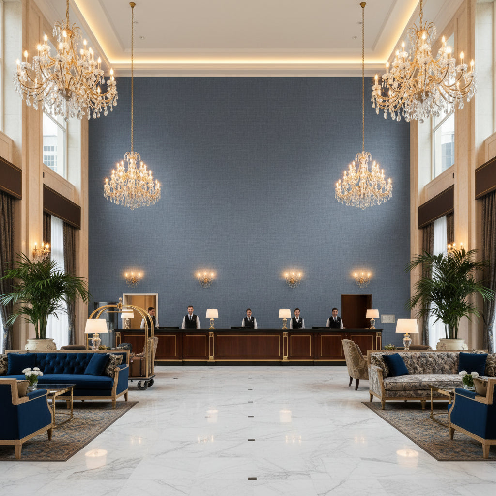 FINE LINEN Wallcoverings (CW10022) – Denim | Thibaut - Hotel Lobby Visualization (AI-generated, may not be to scale. Verify pattern scale with product specifications.)