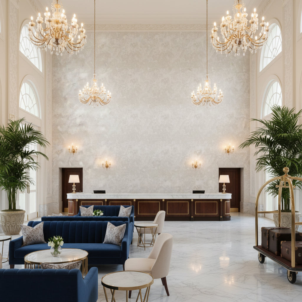 INGLESIA Wallcoverings (CW10023) – White/Oyster | Thibaut - Hotel Lobby Visualization (AI-generated, may not be to scale. Verify pattern scale with product specifications.)
