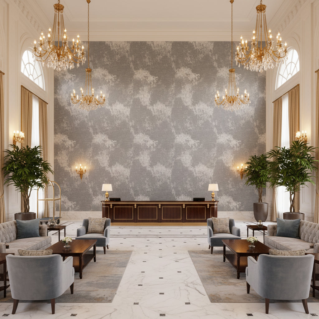 INGLESIA Wallcoverings (CW10025) – Light Grey/Grey | Thibaut - Hotel Lobby Visualization (AI-generated, may not be to scale. Verify pattern scale with product specifications.)