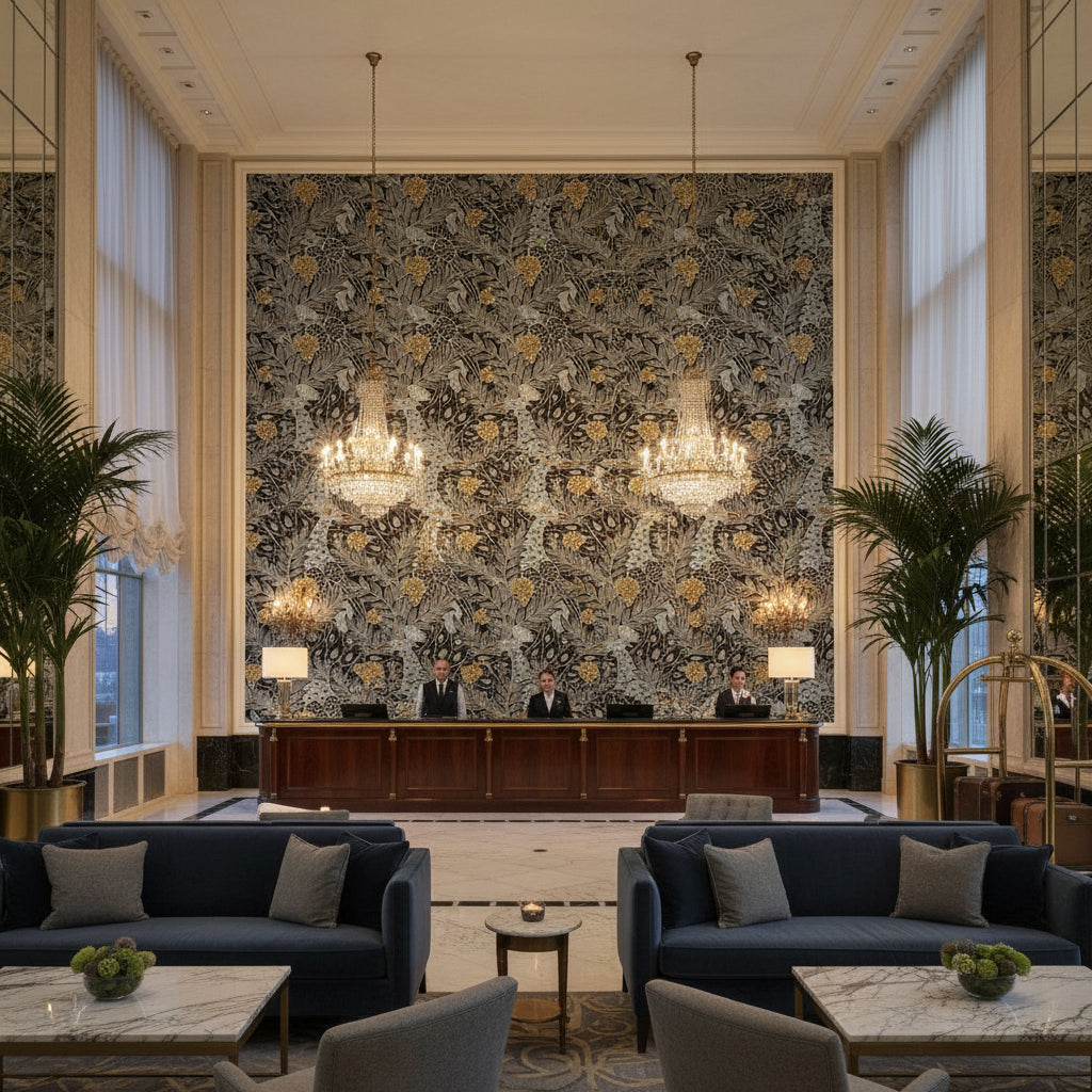 Desmond Black And Charcoal Printed Fabrics Black and Charcoal | Thibaut - Hotel Lobby Visualization (AI-generated, may not be to scale. Verify pattern scale with product specifications.)