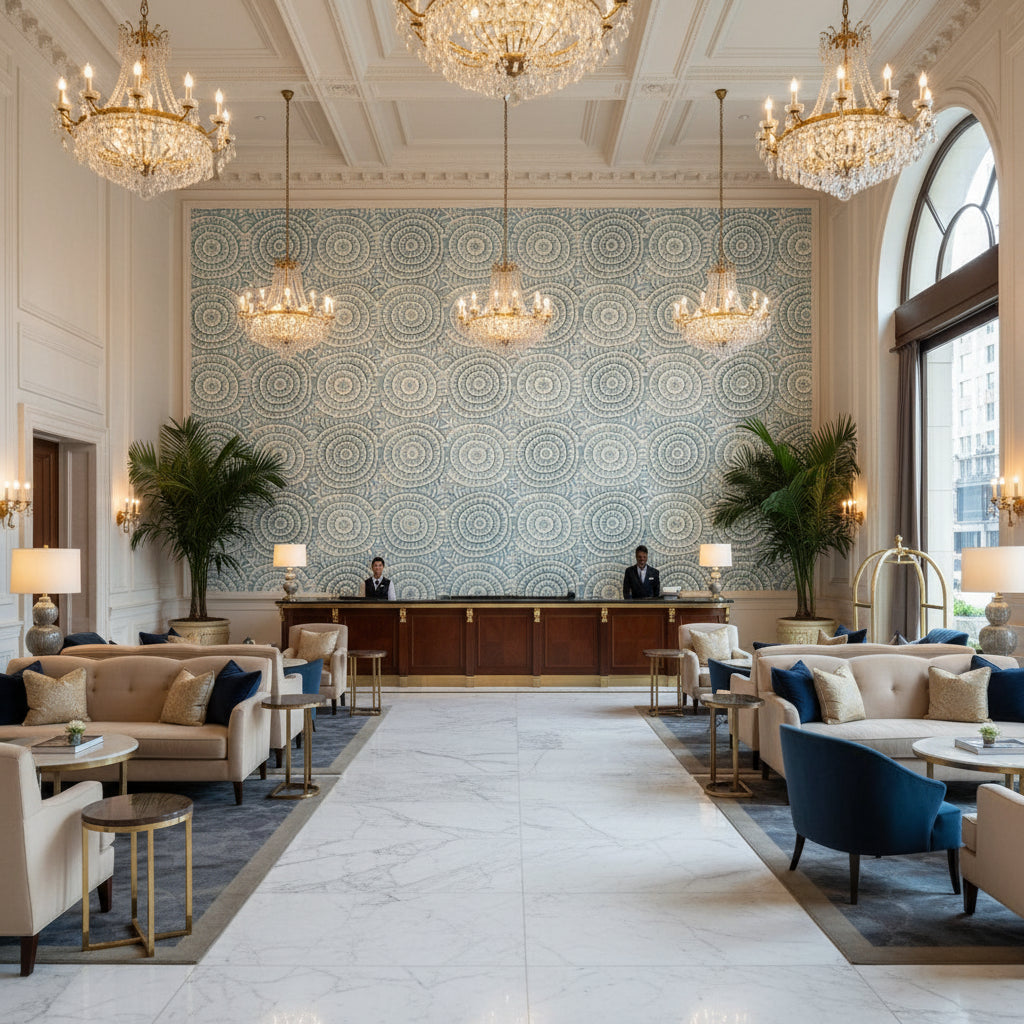 Kasai Aqua Printed Fabrics Aqua | Thibaut - Hotel Lobby Visualization (AI-generated, may not be to scale. Verify pattern scale with product specifications.)