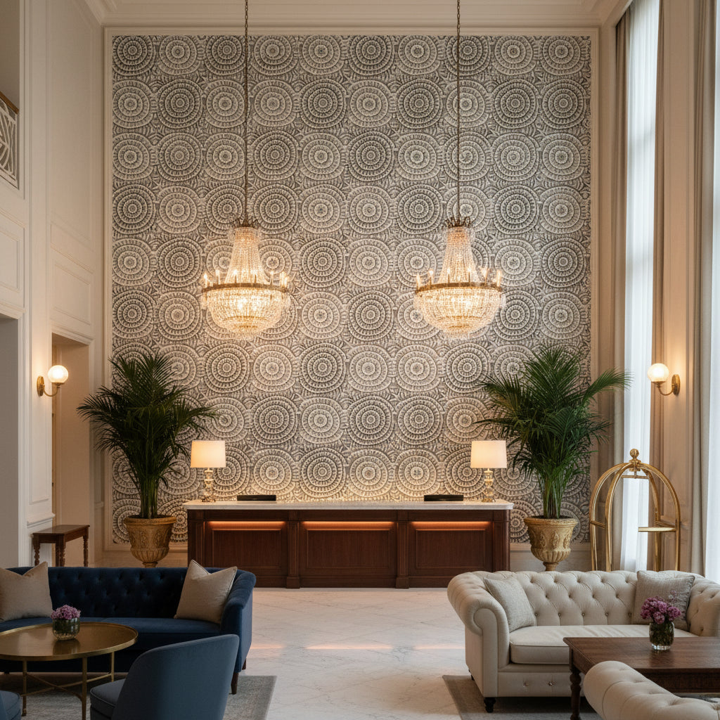 Kasai Charcoal Printed Fabrics Charcoal | Thibaut - Hotel Lobby Visualization (AI-generated, may not be to scale. Verify pattern scale with product specifications.)