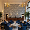 Kasai Navy Printed Fabrics Navy | Thibaut - Hotel Lobby Visualization (AI-generated, may not be to scale. Verify pattern scale with product specifications.)