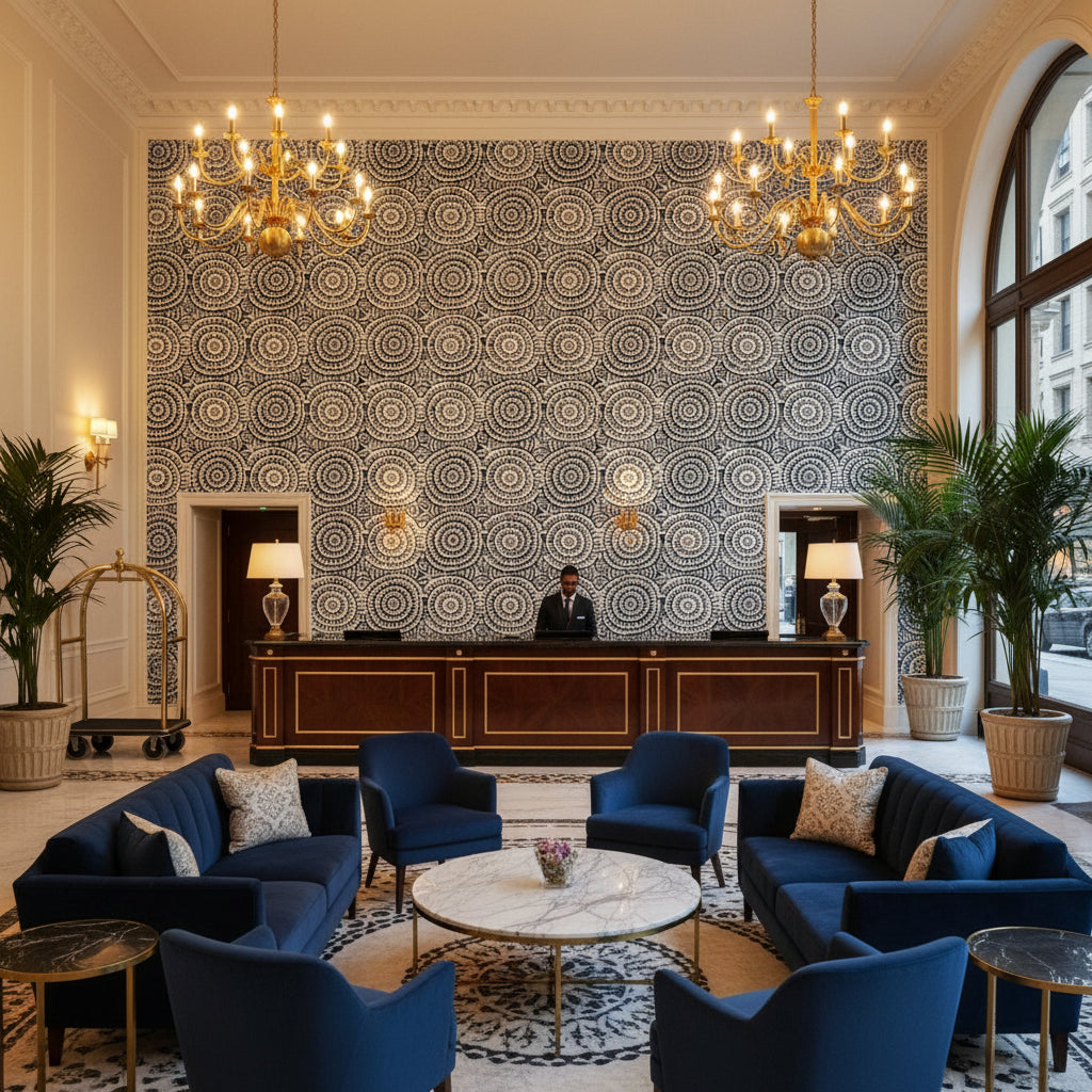 Kasai Navy Printed Fabrics Navy | Thibaut - Hotel Lobby Visualization (AI-generated, may not be to scale. Verify pattern scale with product specifications.)