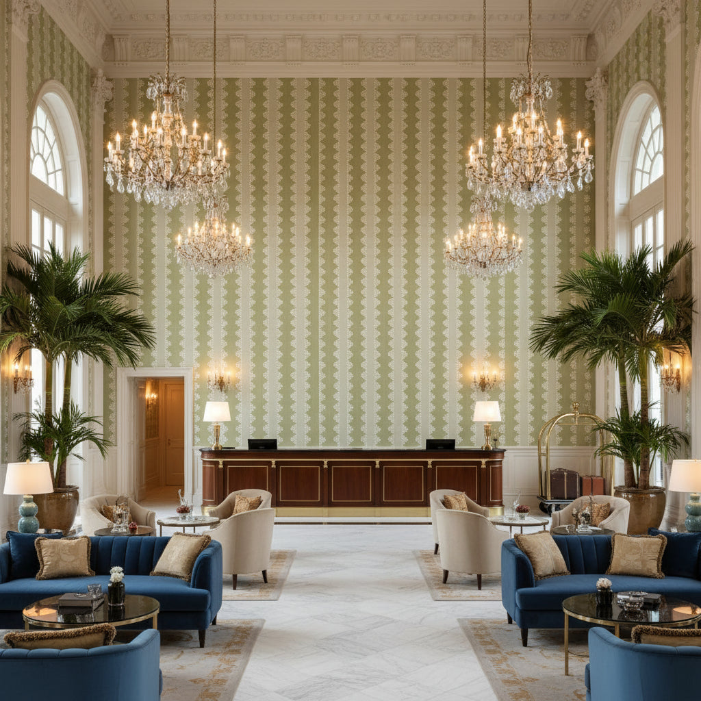 Dhara Stripe Green Printed Fabrics Green | Thibaut - Hotel Lobby Visualization (AI-generated, may not be to scale. Verify pattern scale with product specifications.)