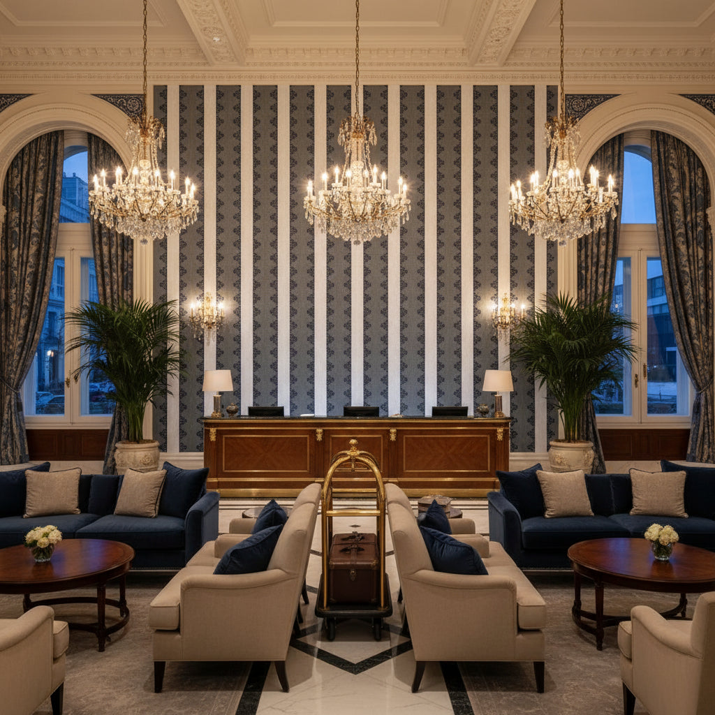 Dhara Stripe Navy Printed Fabrics Navy | Thibaut - Hotel Lobby Visualization (AI-generated, may not be to scale. Verify pattern scale with product specifications.)
