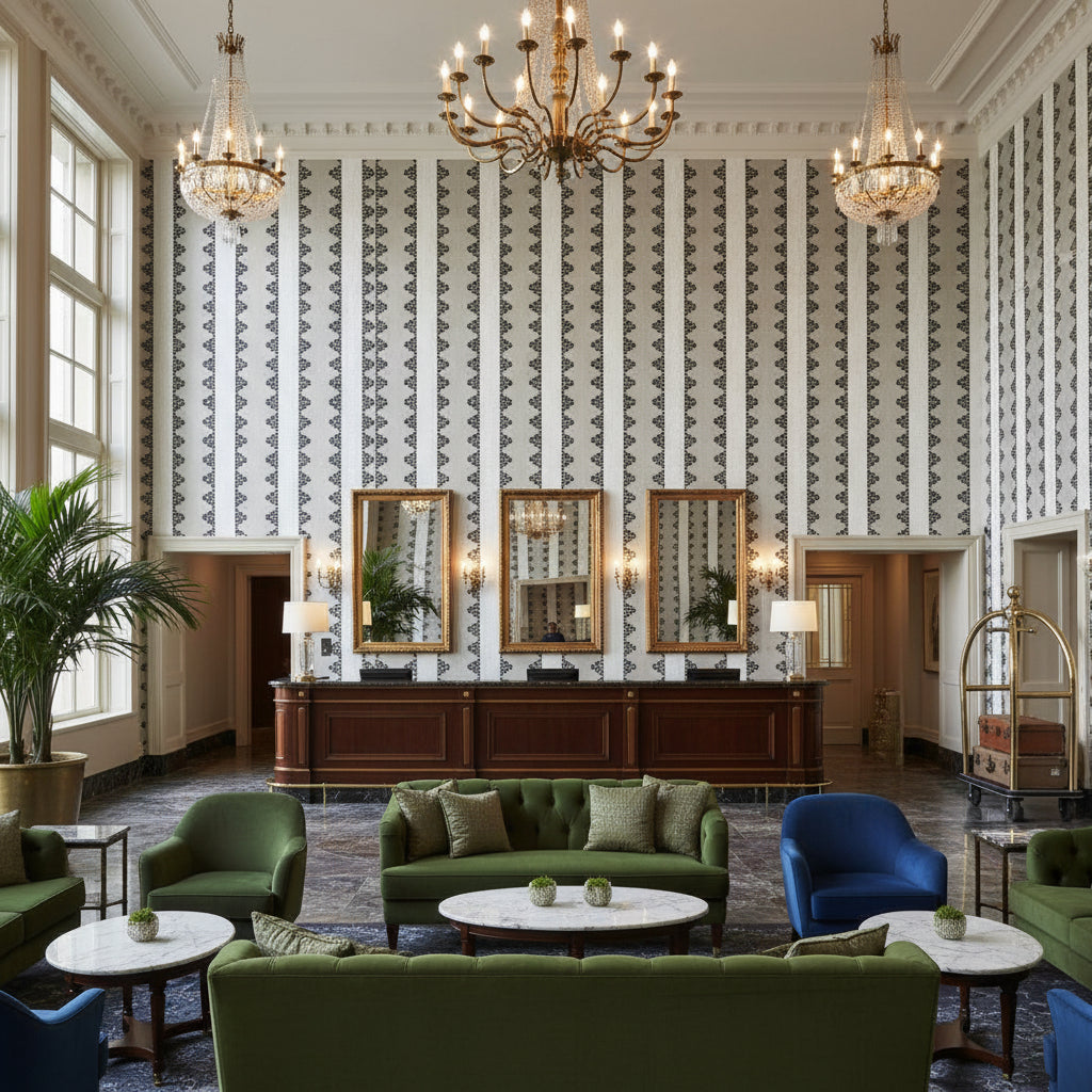 Dhara Stripe Beige And Black Printed Fabrics Beige and Black | Thibaut - Hotel Lobby Visualization (AI-generated, may not be to scale. Verify pattern scale with product specifications.)