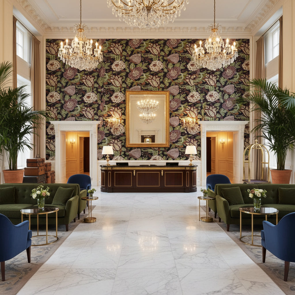 Mitford Black And Plum Printed Fabrics Black and Plum | Thibaut - Hotel Lobby Visualization (AI-generated, may not be to scale. Verify pattern scale with product specifications.)