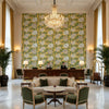 Mitford Yellow Printed Fabrics Yellow | Thibaut - Hotel Lobby Visualization (AI-generated, may not be to scale. Verify pattern scale with product specifications.)