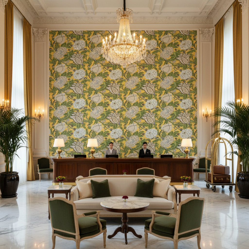 Mitford Yellow Printed Fabrics Yellow | Thibaut - Hotel Lobby Visualization (AI-generated, may not be to scale. Verify pattern scale with product specifications.)