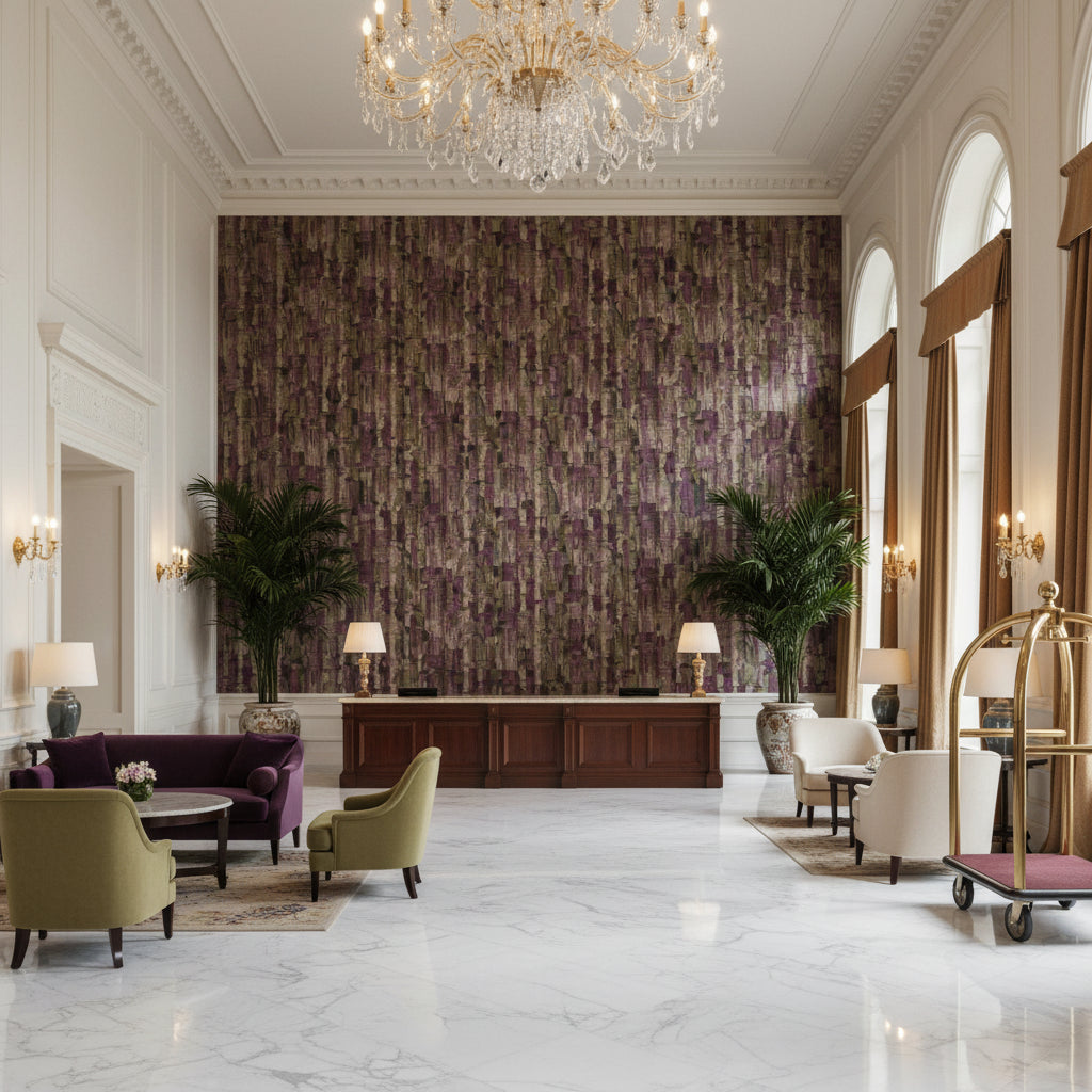 Alcantara Plum Printed Fabrics Plum | Thibaut - Hotel Lobby Visualization (AI-generated, may not be to scale. Verify pattern scale with product specifications.)