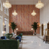 Alcantara Orange Printed Fabrics Orange | Thibaut - Hotel Lobby Visualization (AI-generated, may not be to scale. Verify pattern scale with product specifications.)