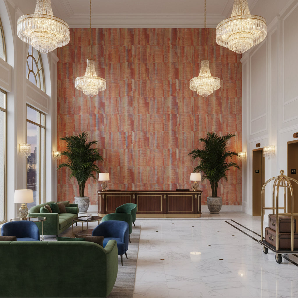 Alcantara Orange Printed Fabrics Orange | Thibaut - Hotel Lobby Visualization (AI-generated, may not be to scale. Verify pattern scale with product specifications.)