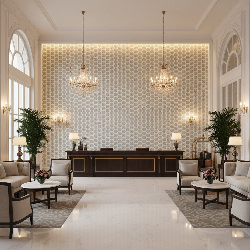 GWF-3036.13.0 | Kravet - Hotel Lobby Visualization (AI-generated, may not be to scale. Verify pattern scale with product specifications.)