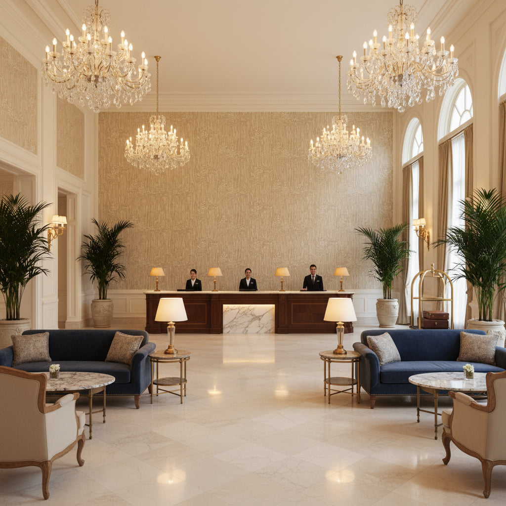GWF-3418.11.0 | Kravet - Hotel Lobby Visualization (AI-generated, may not be to scale. Verify pattern scale with product specifications.)
