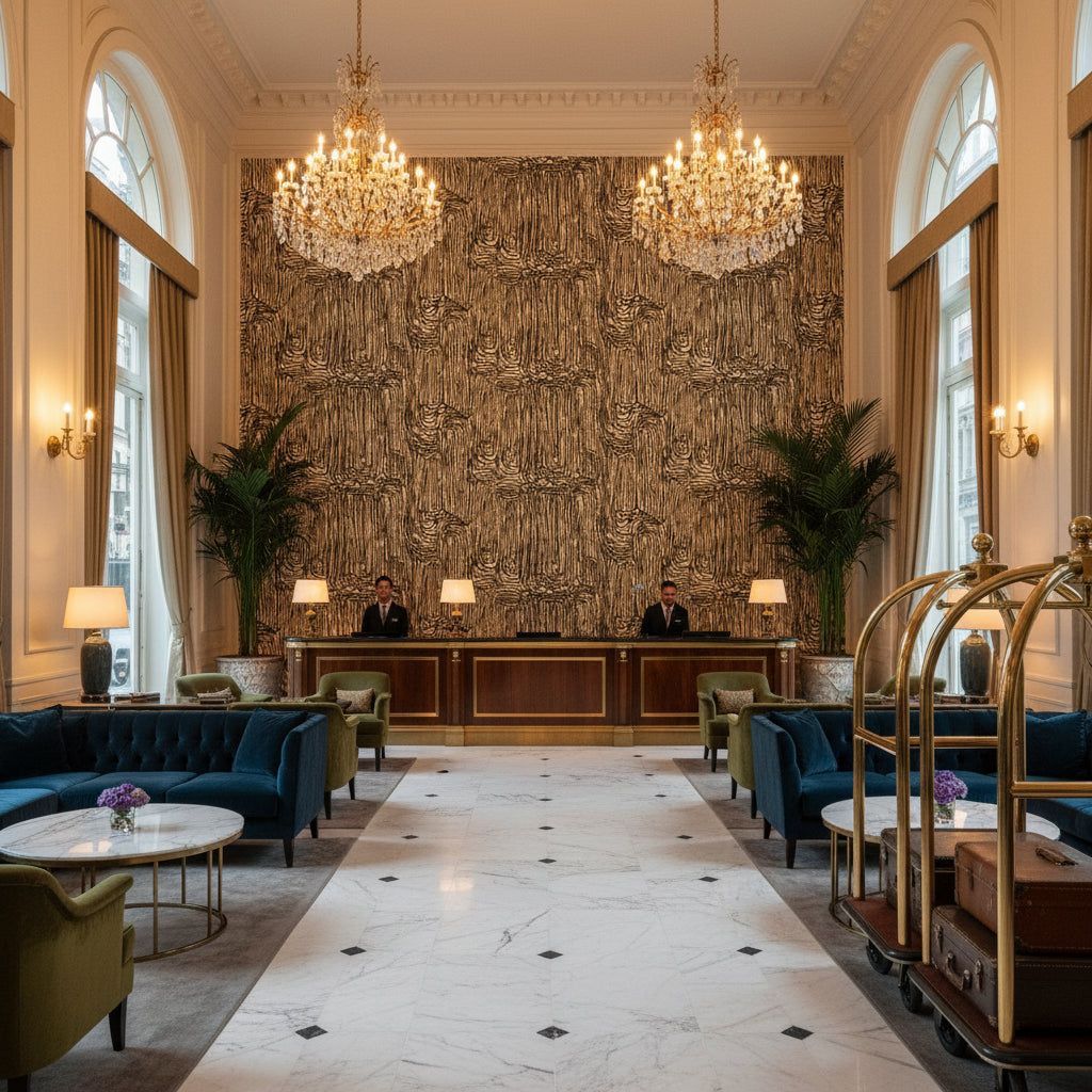GWF-3418.8.0 | Kravet - Hotel Lobby Visualization (AI-generated, may not be to scale. Verify pattern scale with product specifications.)