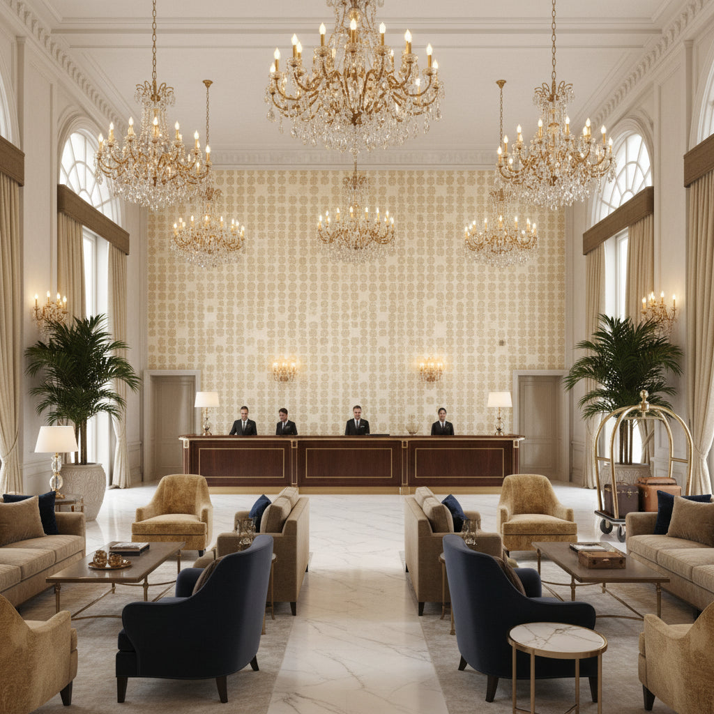 GWF-3428.116.0 | Kravet - Hotel Lobby Visualization (AI-generated, may not be to scale. Verify pattern scale with product specifications.)