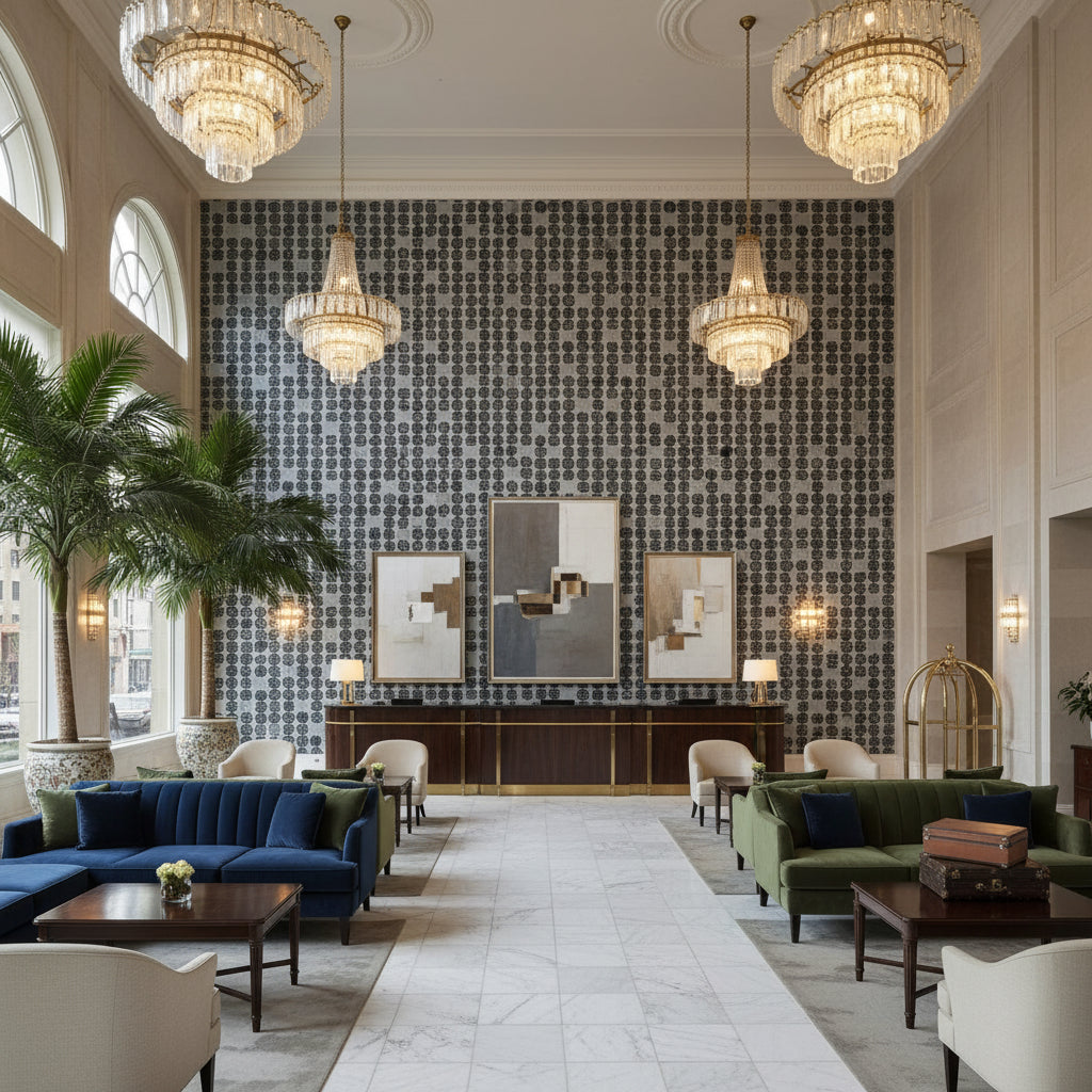 GWF-3428.811.0 | Kravet - Hotel Lobby Visualization (AI-generated, may not be to scale. Verify pattern scale with product specifications.)