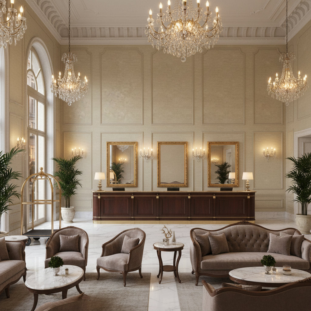 GWF-3526.16.0 | Kravet - Hotel Lobby Visualization (AI-generated, may not be to scale. Verify pattern scale with product specifications.)