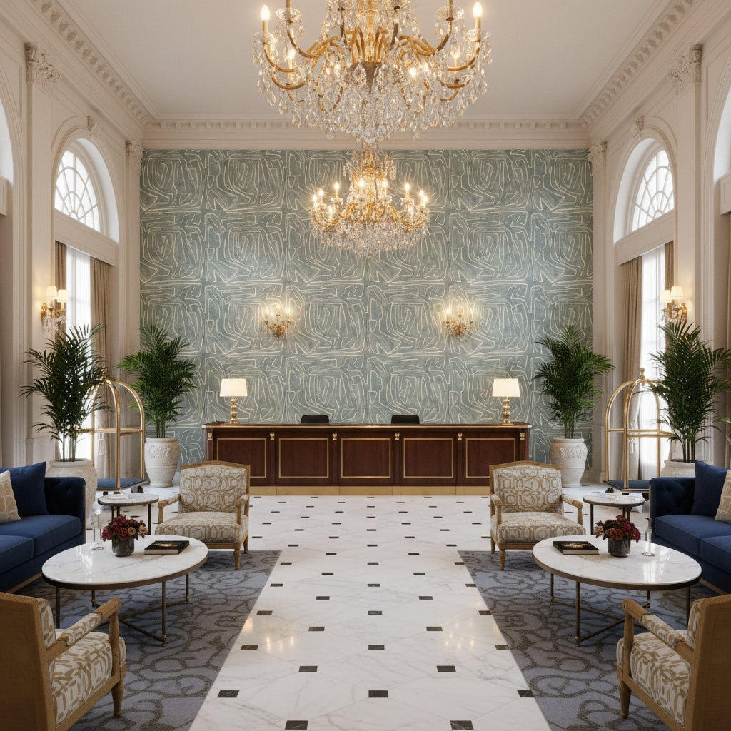 GWF-3530.15.0 | Kravet - Hotel Lobby Visualization (AI-generated, may not be to scale. Verify pattern scale with product specifications.)