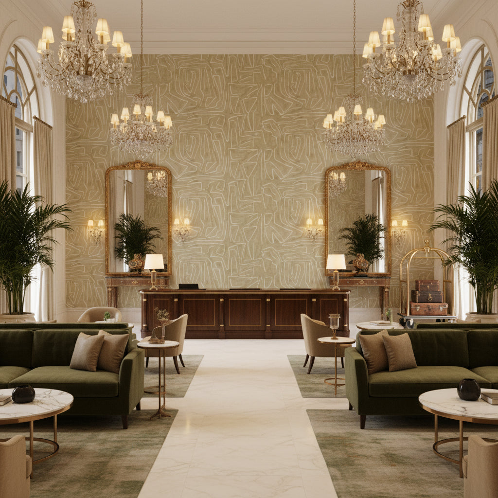 GWF-3530.16.0 | Kravet - Hotel Lobby Visualization (AI-generated, may not be to scale. Verify pattern scale with product specifications.)