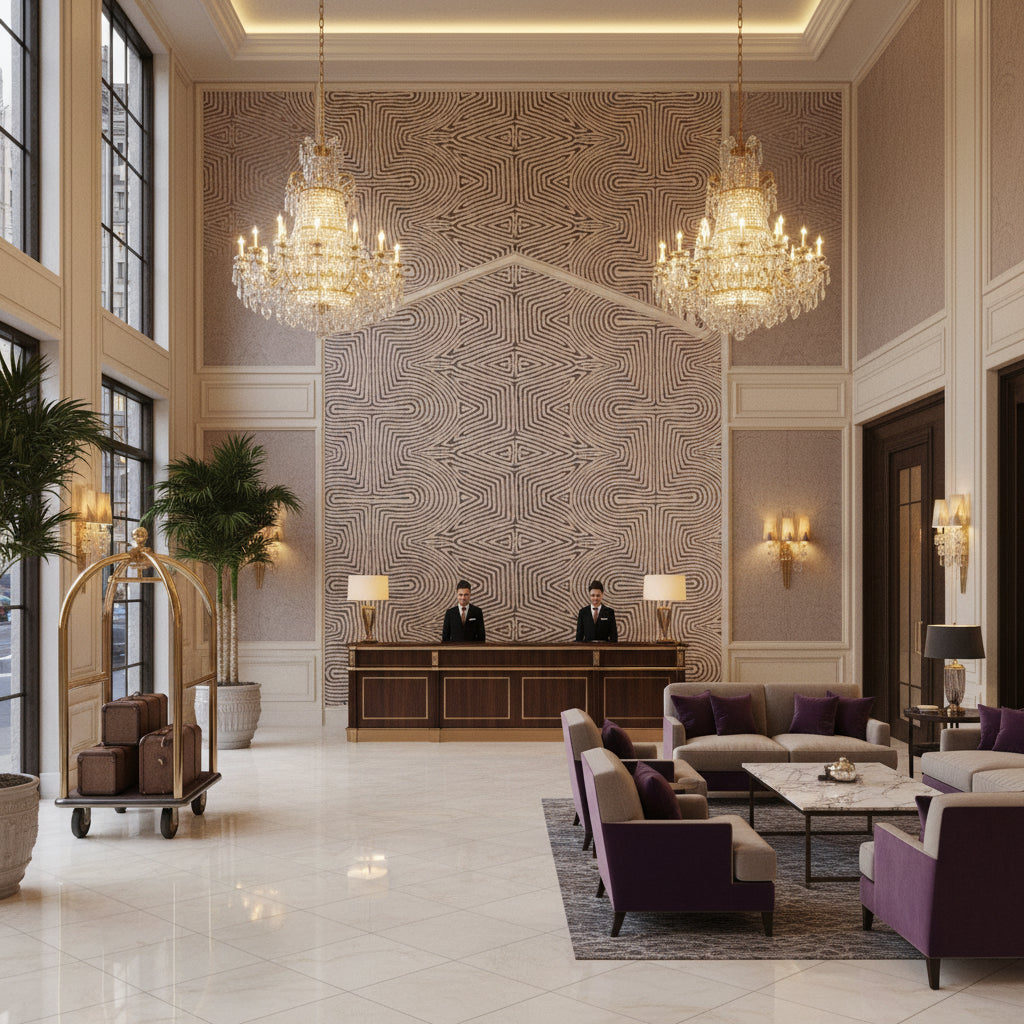 GWF-3708.1610.0 | Kravet - Hotel Lobby Visualization (AI-generated, may not be to scale. Verify pattern scale with product specifications.)