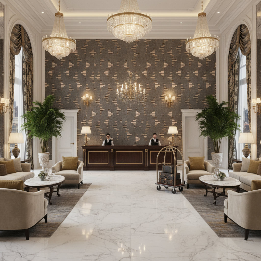 GWF-3758.216.0 | Kravet - Hotel Lobby Visualization (AI-generated, may not be to scale. Verify pattern scale with product specifications.)